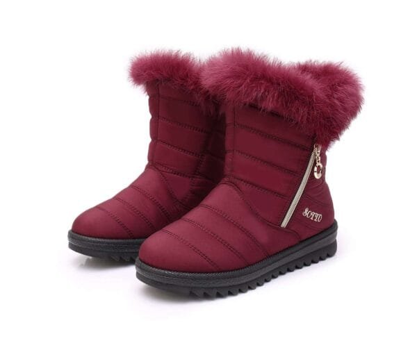 Burgundy Winter Fur Boots - Luxurious Faux Fur Collar with Side Zipper - Image 31