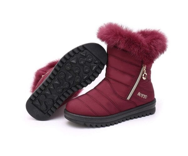 Burgundy Winter Fur Boots - Luxurious Faux Fur Collar with Side Zipper - Image 32