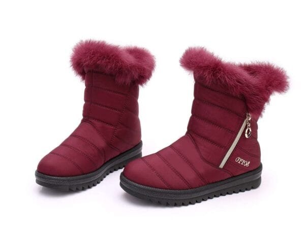 Burgundy Winter Fur Boots - Luxurious Faux Fur Collar with Side Zipper - Image 33