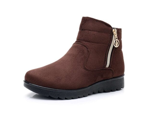 Classic Brown Winter Ankle Boots - Cozy Plush Lining with Gold Zipper Accent