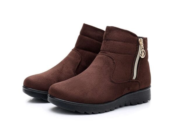 Classic Brown Winter Ankle Boots - Cozy Plush Lining with Gold Zipper Accent - Image 9