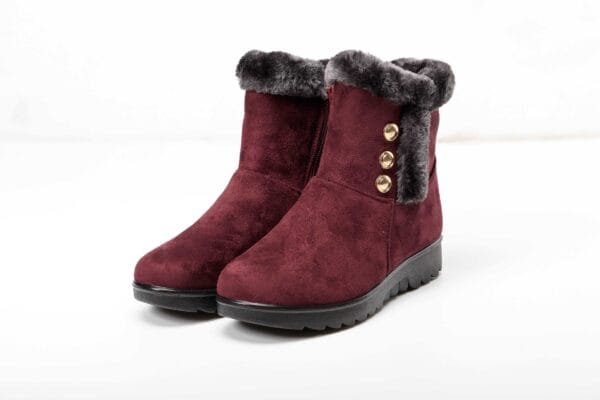 Burgundy Winter Boots - Plush Lining with Chic Gold Button Accents - Image 3