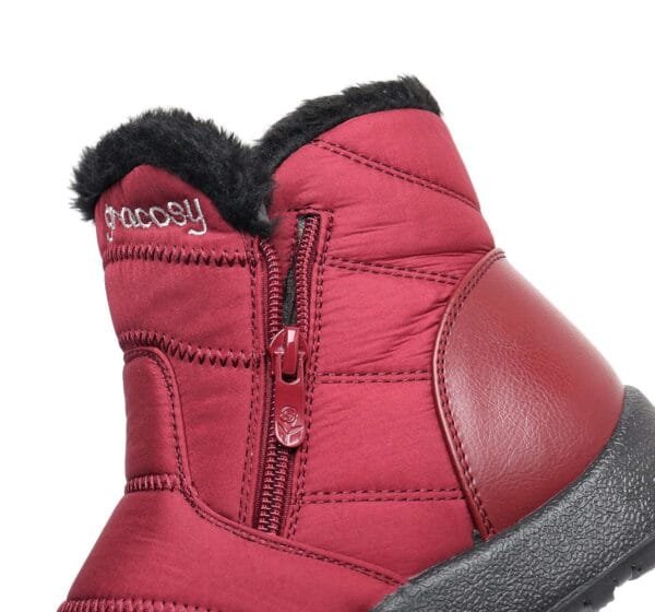 Burgundy Waterproof Winter Boots - Plush Lining with Side Zipper and Leather Accent - Image 28